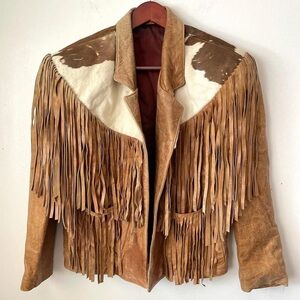 Brown and White Cowhide Western Fringe Leather Jacket